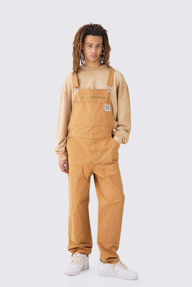 boohoo Mens Washed Twill Branded Zip Carpenter Relaxed Fit Overalls - Brown Cover