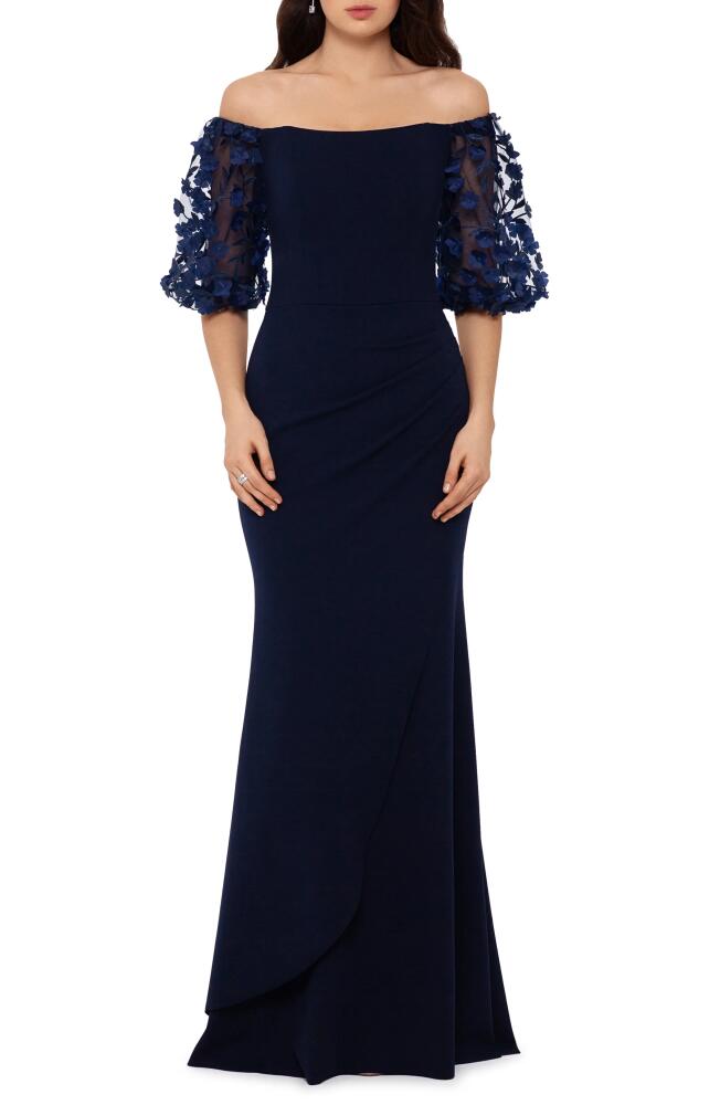 Xscape Evenings Off the Shoulder Trumpet Gown in Navy Cover