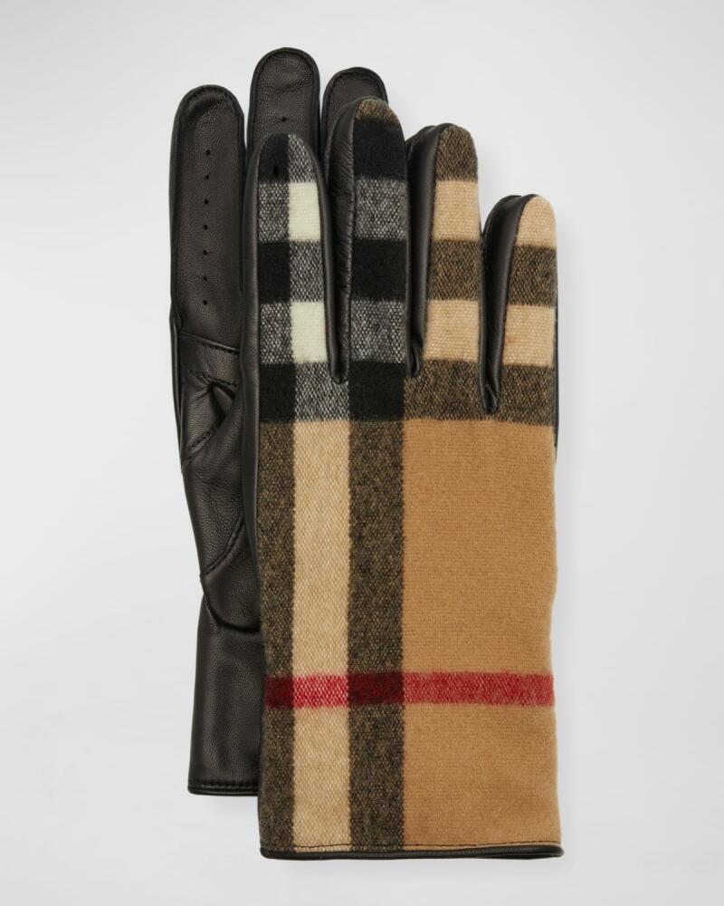 Burberry Men's Exaggerated Check Wool & Leather Gloves Cover