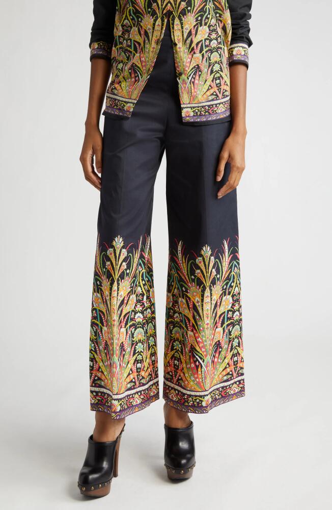 Etro Placed Paisley Stretch Cotton Wide Leg Pants in Print On Black Base Cover