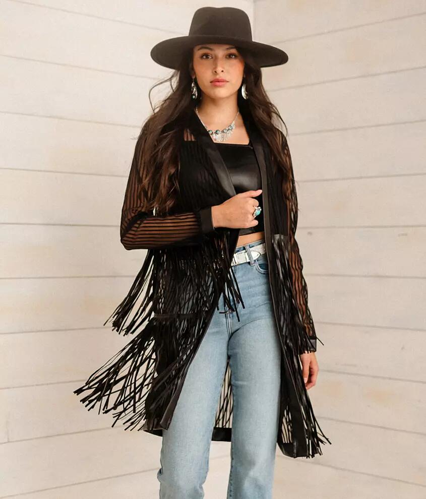 Sterling & Stitch Pleather Fringe Mesh Kimono Cover