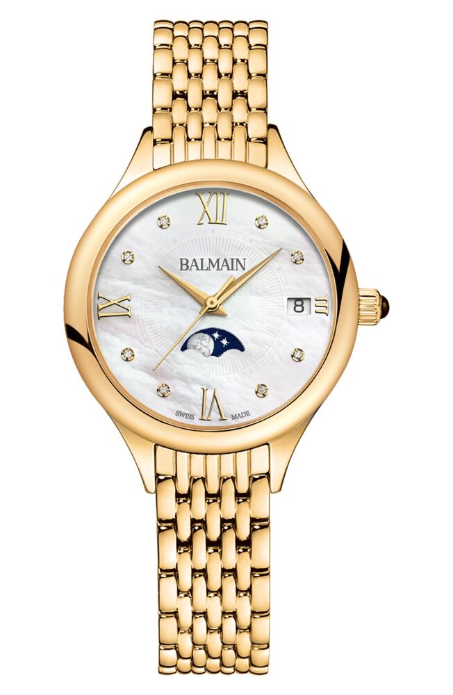 BALMAIN WATCHES Mother-of-Pearl Diamond Moon Phase Bracelet Watch, 31mm in Yellow Gold Pvd Coating Cover