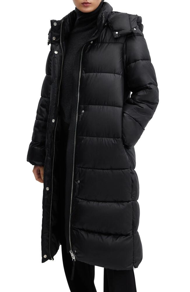 MANGO Water Repellent Channel Quilted Hooded Coat in Black Cover