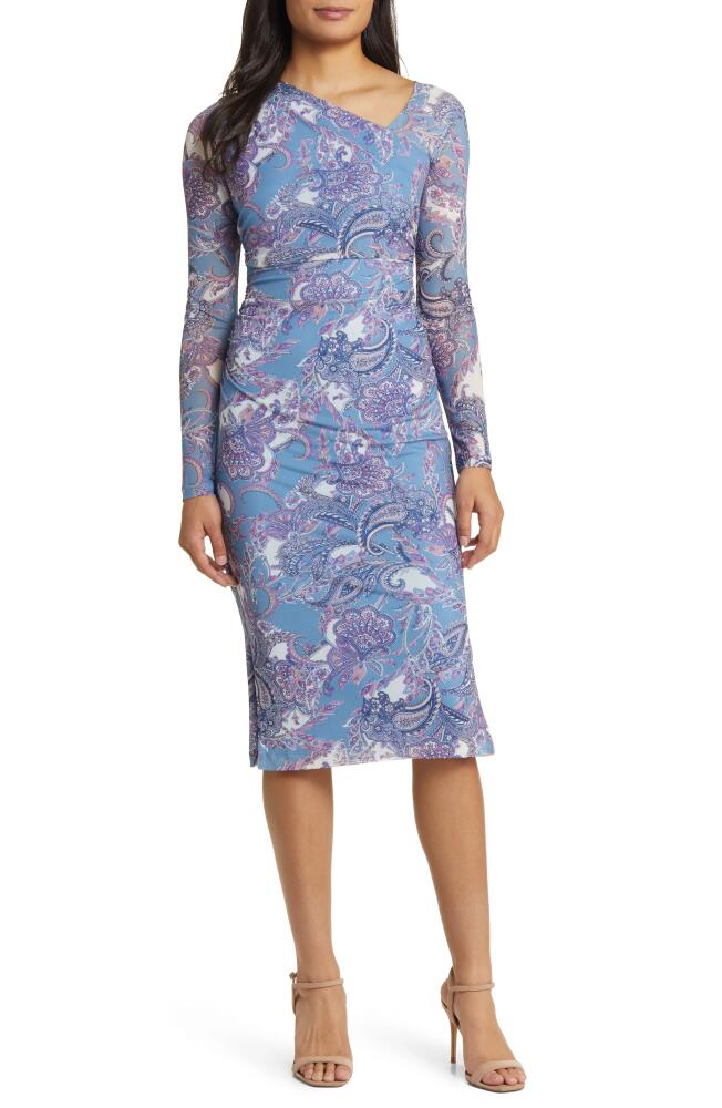 Vince Camuto Print Asymmetric Neck Long Sleeve Mesh Dress in Blue Cover