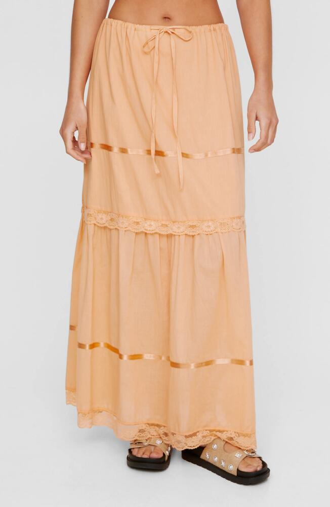 NASTY GAL Lace Trim Tiered Drawstring Maxi Skirt in Apricot Cover