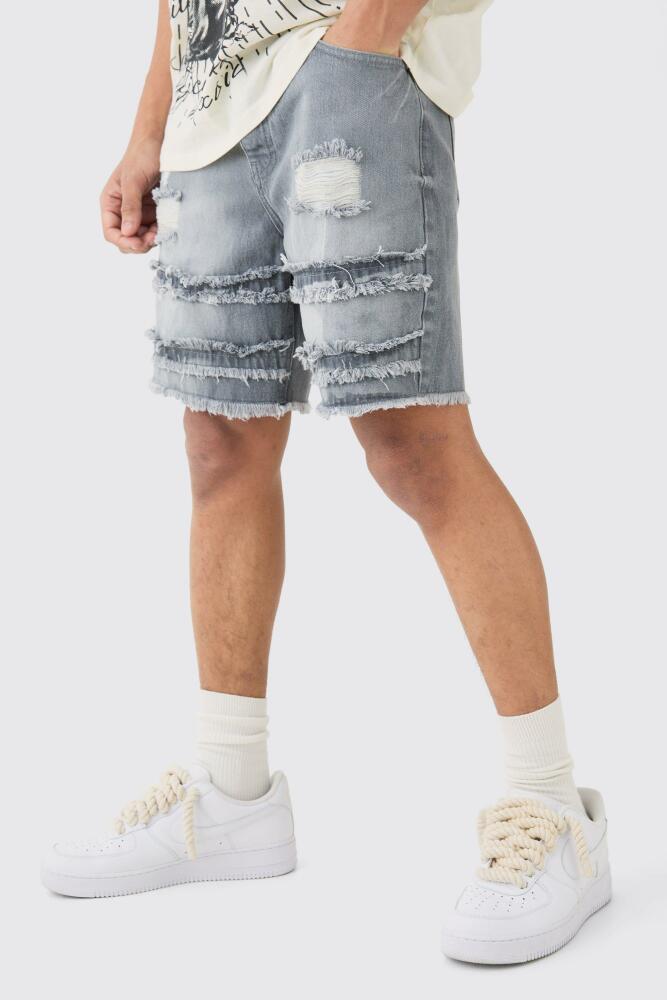 boohoo Mens Relaxed Rigid Distressed Jean Shorts In Grey Cover