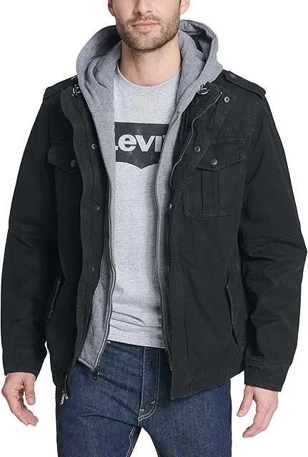 Levi's(r) Two-Pocket Hoodie with Zip Out Jersey Bib/Hood and Sherpa Lining (Black 1) Men's Sweatshirt Cover