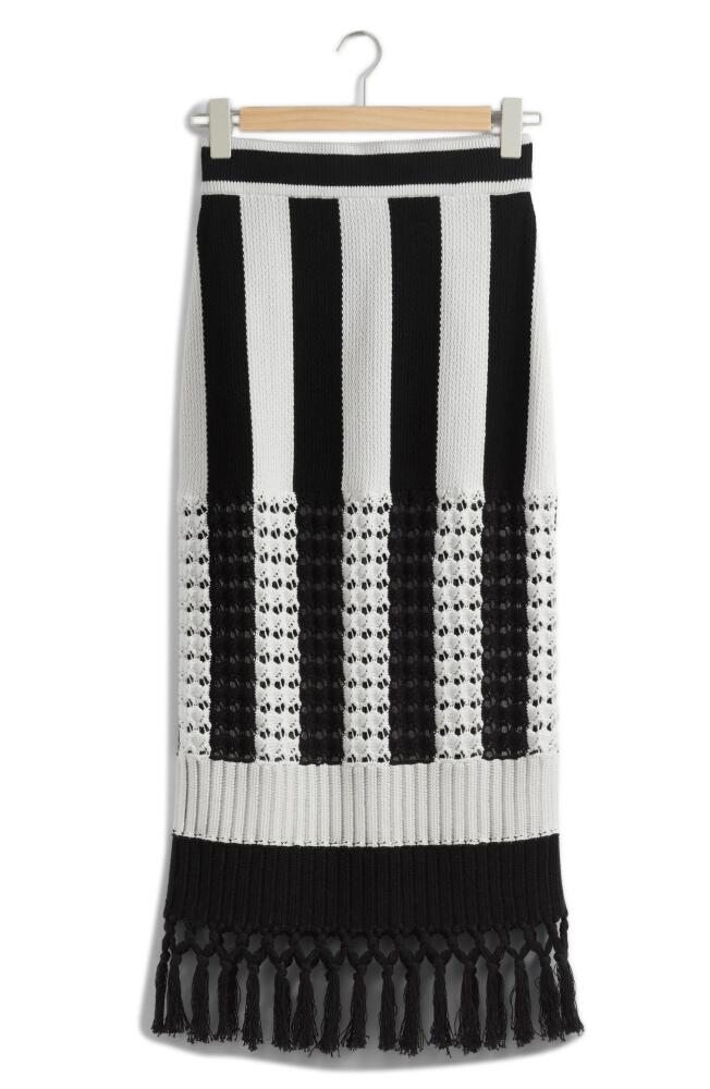 & Other Stories Sabrina Fringe Sweater Knit Midi Skirt in White/Black Stripe Cover