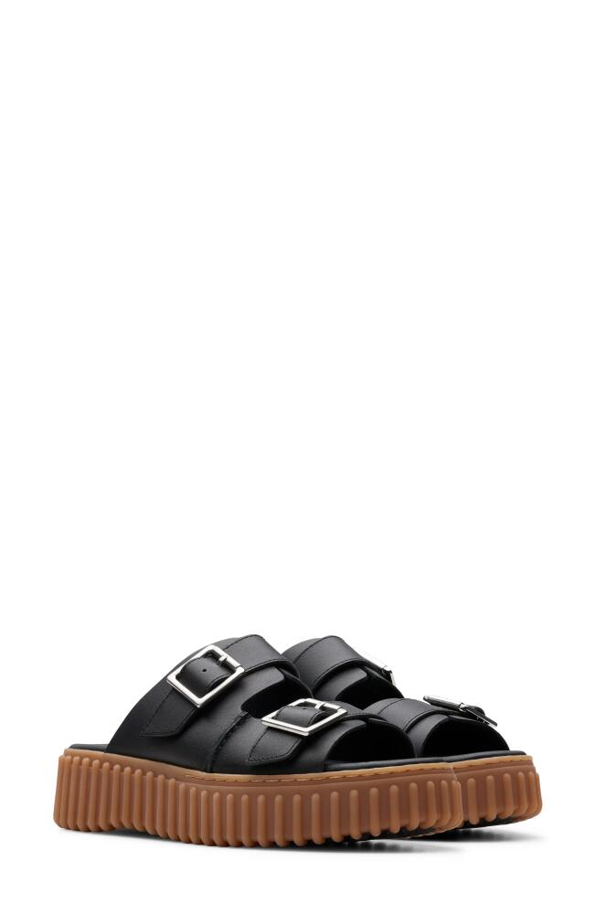 Clarks(r) Torhill Platform Slide Sandal in Black Leather Cover