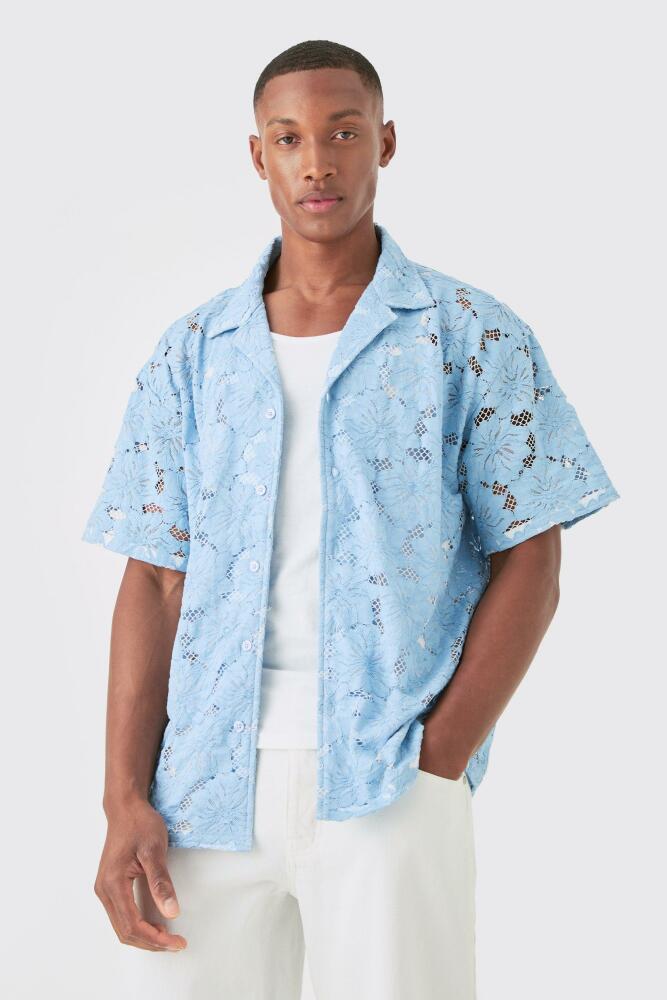 boohoo Mens Boxy Floral Lace Shirt - Blue Cover