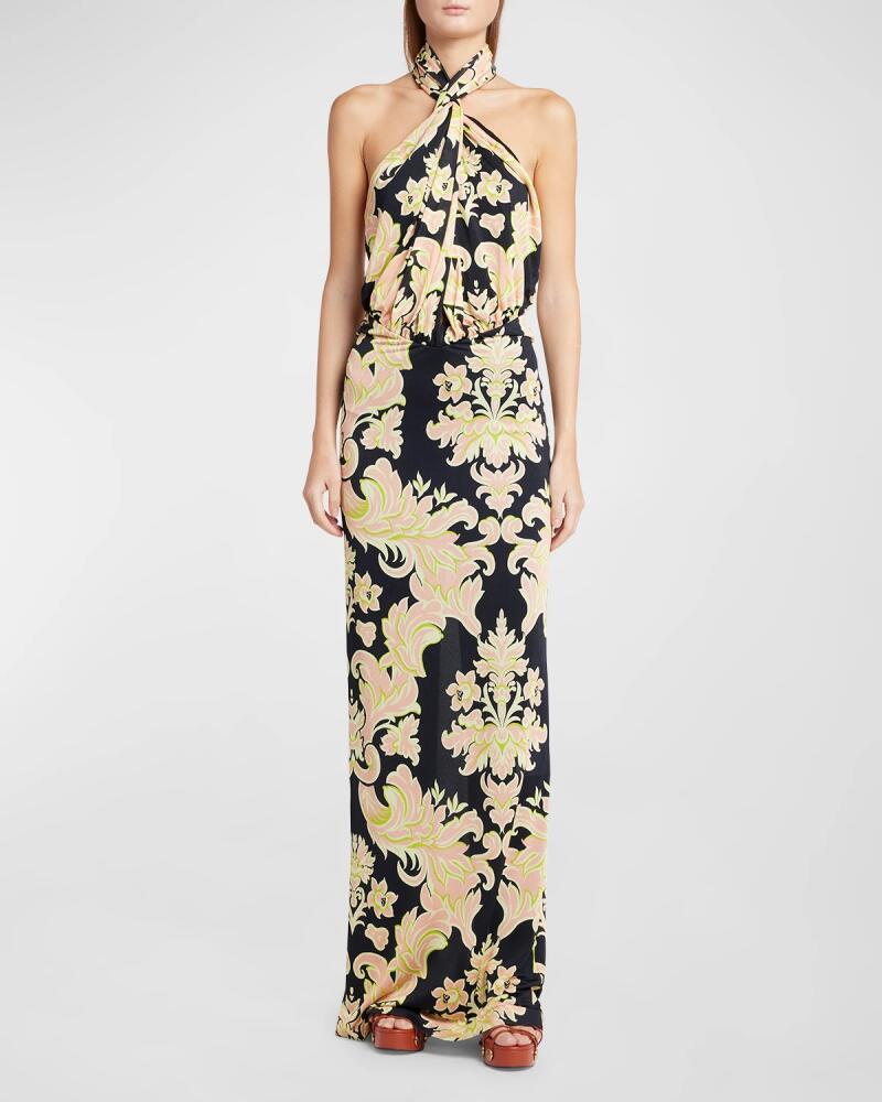 Etro Floral Print Draped Halter Gown Cover