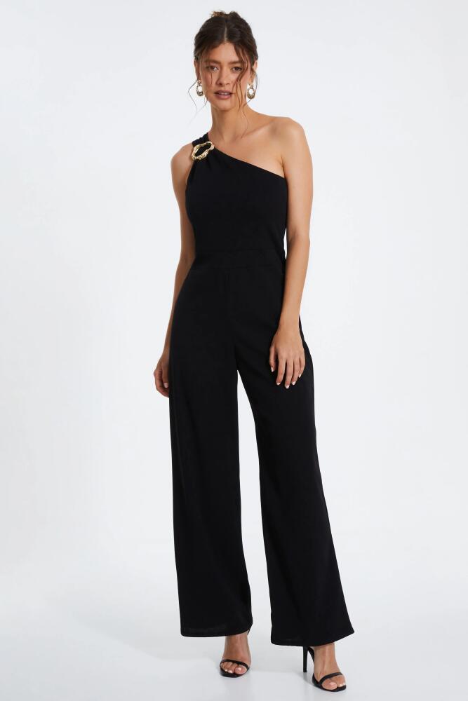 QUIZ One Shoulder Scuba Crepe Jumpsuit With Gold Buckle in Black Cover