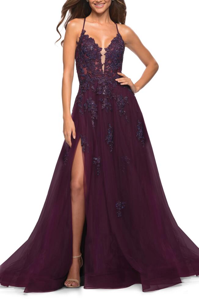 La Femme Floral Embroidered Tulle Ballgown in Dark Berry Cover