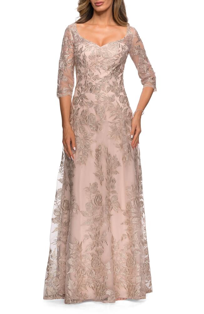 La Femme Floral Embroidered Mesh A-Line Gown in Champagne Cover