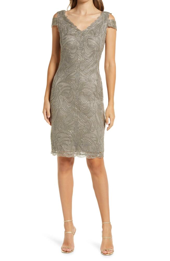 Tadashi Shoji Cold Shoulder Lace Cocktail Dress in Smoke Pearl Cover