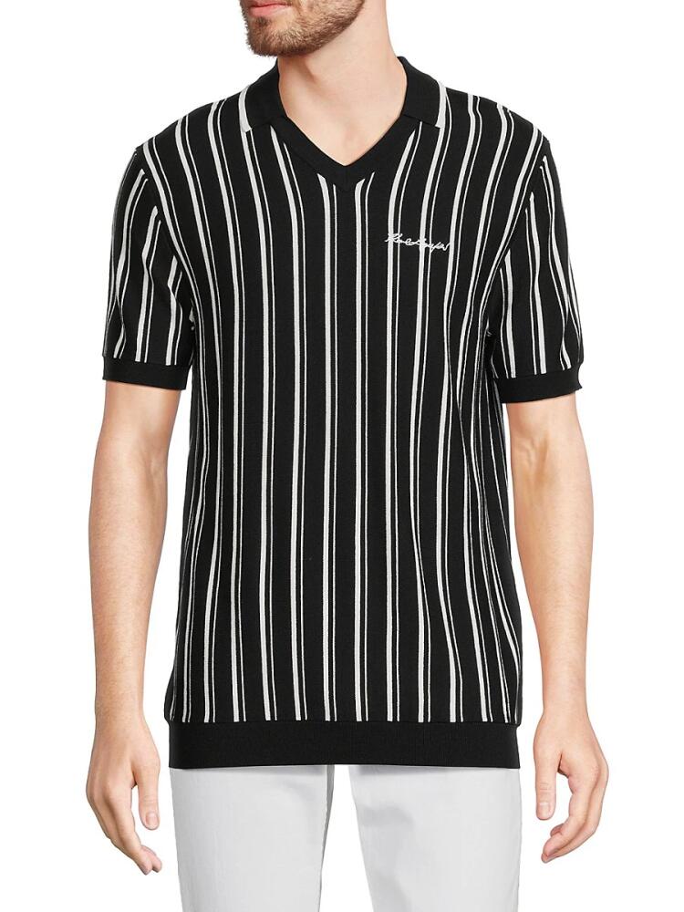 Karl Lagerfeld Paris Men's Striped Knit Polo - Black White Cover