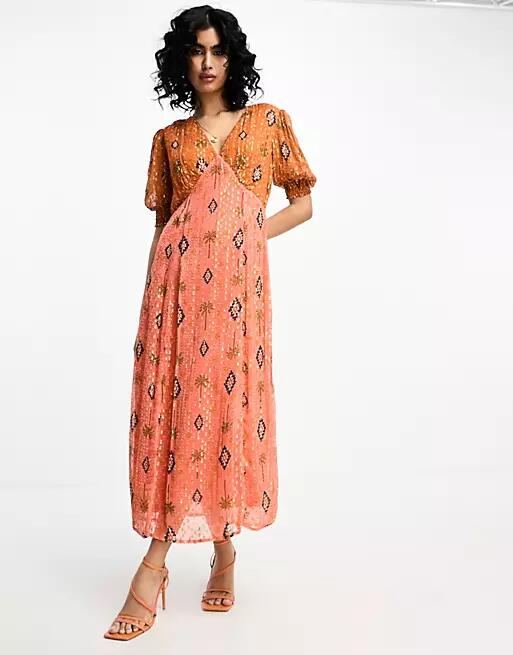 Never Fully Dressed gold jacquard midaxi dress in sunset print-Multi Cover