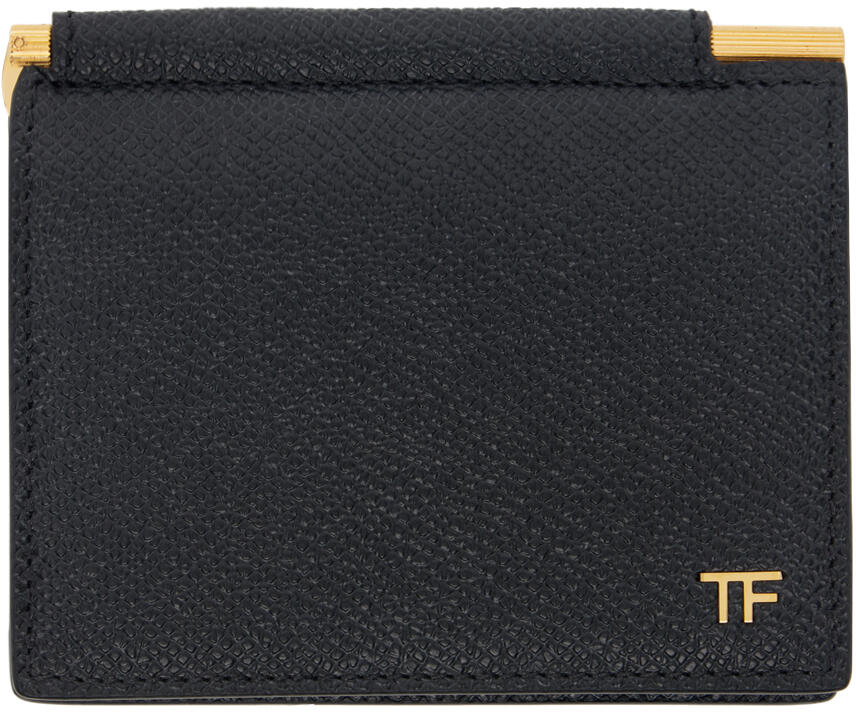 TOM FORD Black Small Grain Leather Folding Money Clip Card Holder Cover