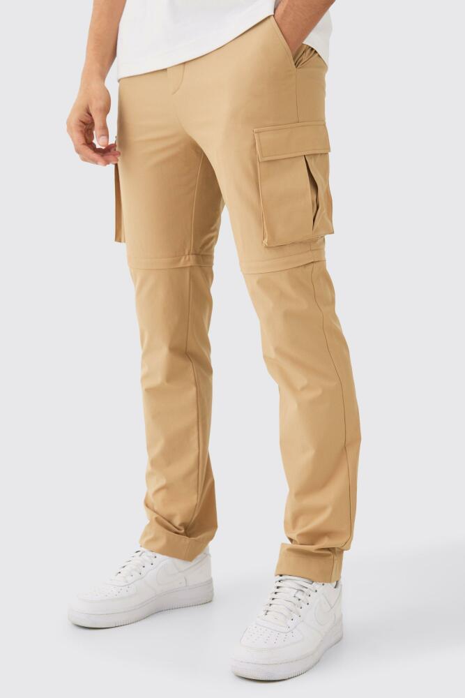 Mens Technical Stretch Zip Off Hybrid Skinny Cargo Pants - Beige Cover