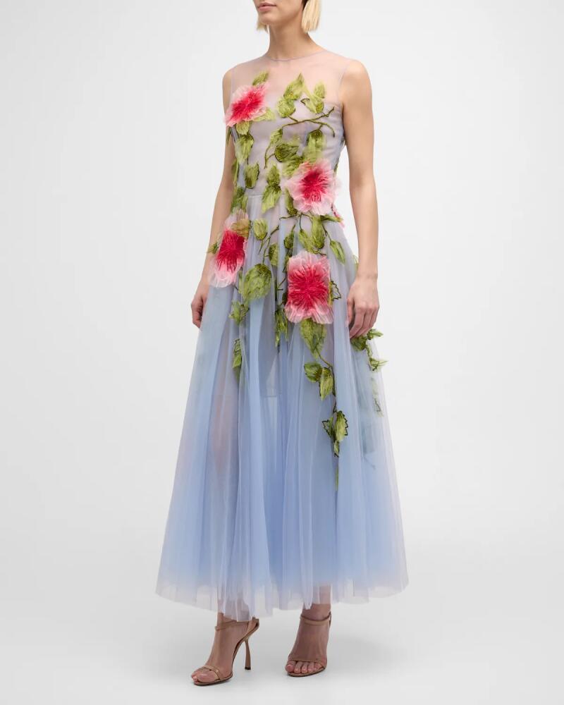 Oscar de la Renta Hibiscus Embroidered Organza Sleeveless Gown Cover