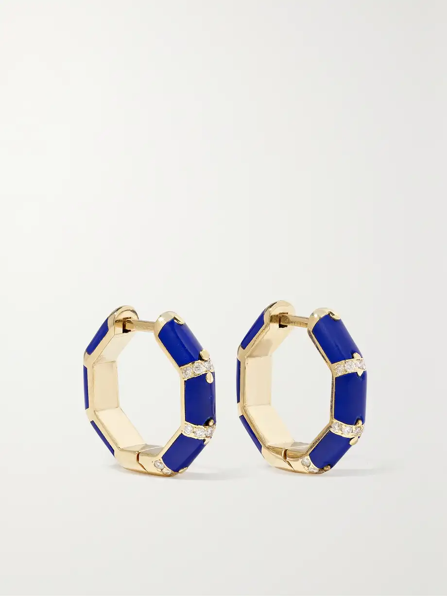 L'Atelier Nawbar - Bamboo 18-karat Gold, Lapis Lazuli And Diamond Hoop Earrings - One size Cover