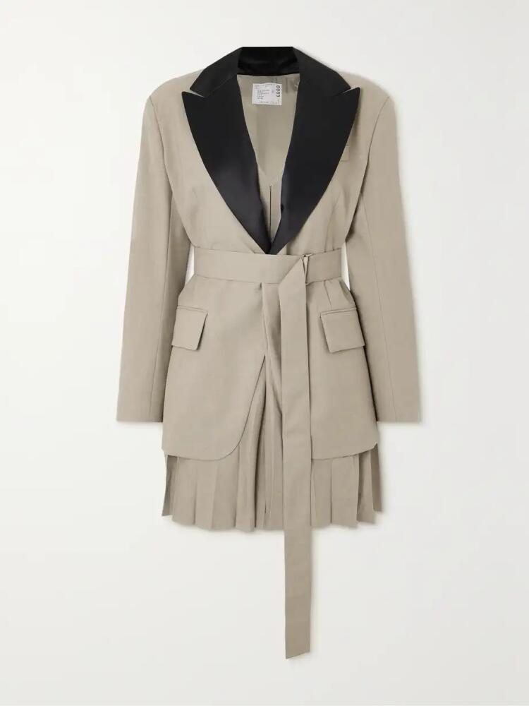 Sacai - Belted Satin-trimmed Woven Blazer - Neutrals Cover