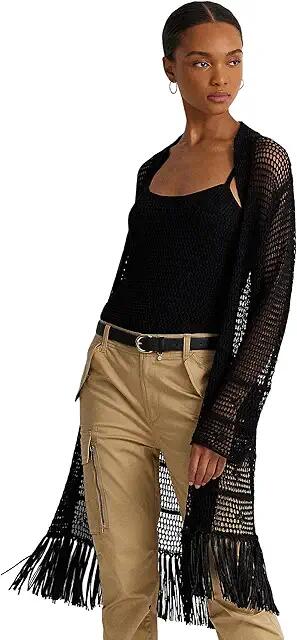 Lauren Ralph Lauren Pointelle-Knit Linen-Blend Cardigan (Black) Women's Sweater Cover