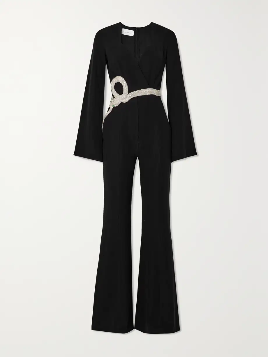 Clio Peppiatt - Eve Belted Crystal-embellished Crepe Jumpsuit - Black Cover