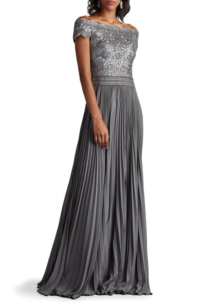 Tadashi Shoji Off the Shoulder Sequin Lace Pleated Gown in Mist Cover