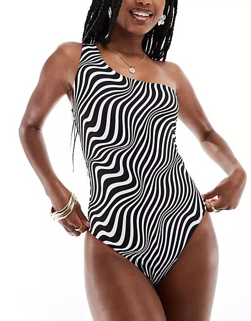 Threadbare reversible one shoulder swimsuit in solid red & black white print-Multi Cover