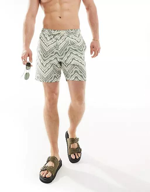 ASOS DESIGN swim shorts in short length in green geo print Cover