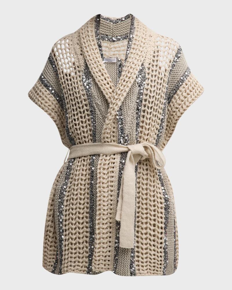 Brunello Cucinelli Open-Knit Long Net Cardigan with Paillette Detail Cover