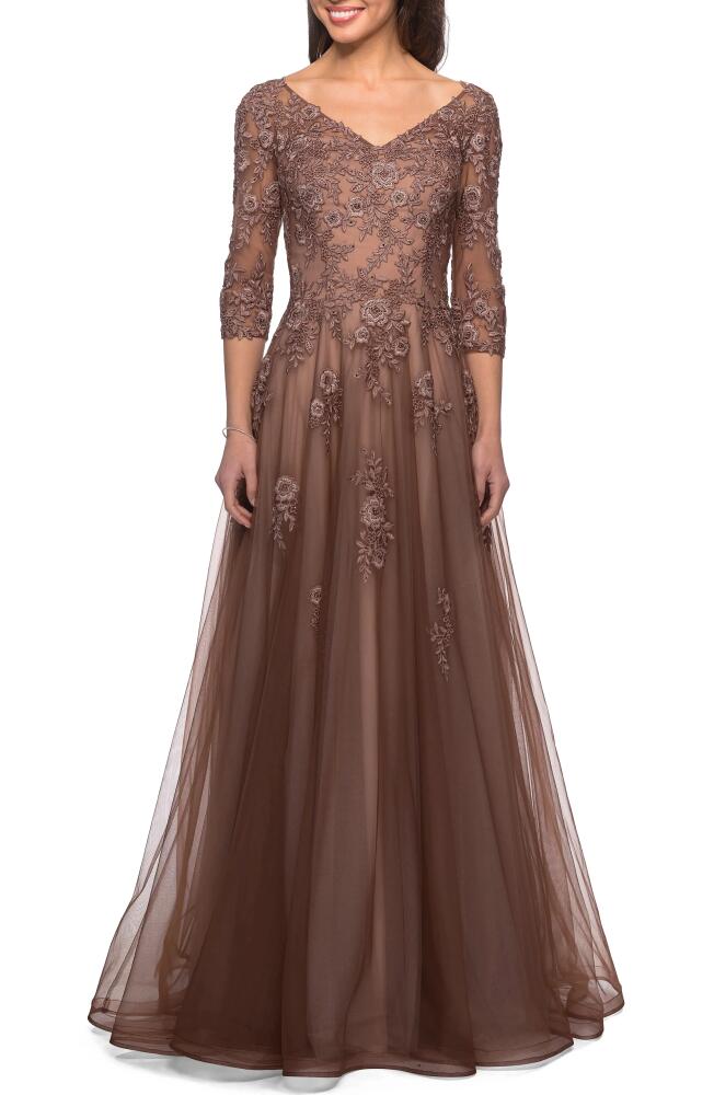 La Femme Floral Appliqué A-Line Gown in Cocoa Cover