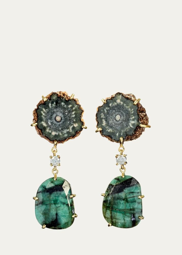 Jan Leslie 18k Bespoke 2-Tier One-of-a-Kind Luxury Earrings w/ Brown Stalactite, Faceted Emerald & Diamonds Cover