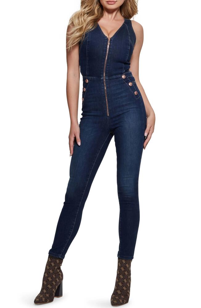 GUESS Reina Back Cutout Sleeveless Denim Jumpsuit in Plume Dark Cover