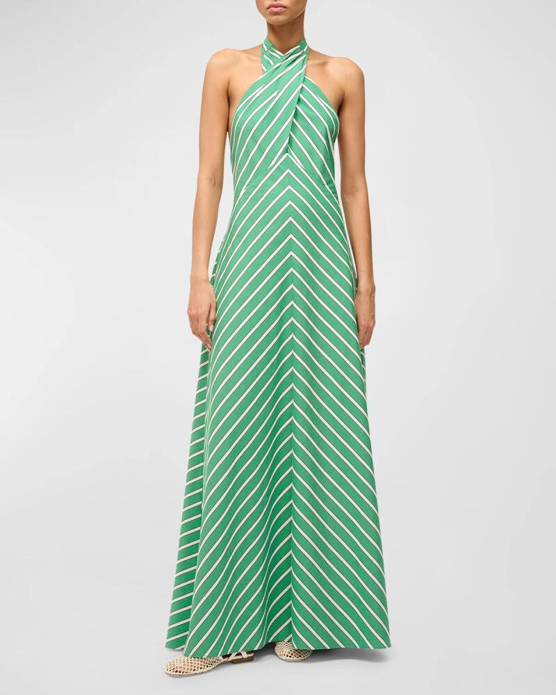 STAUD Dawn Tie-Neck Striped Maxi Crossover Halter Dress Cover