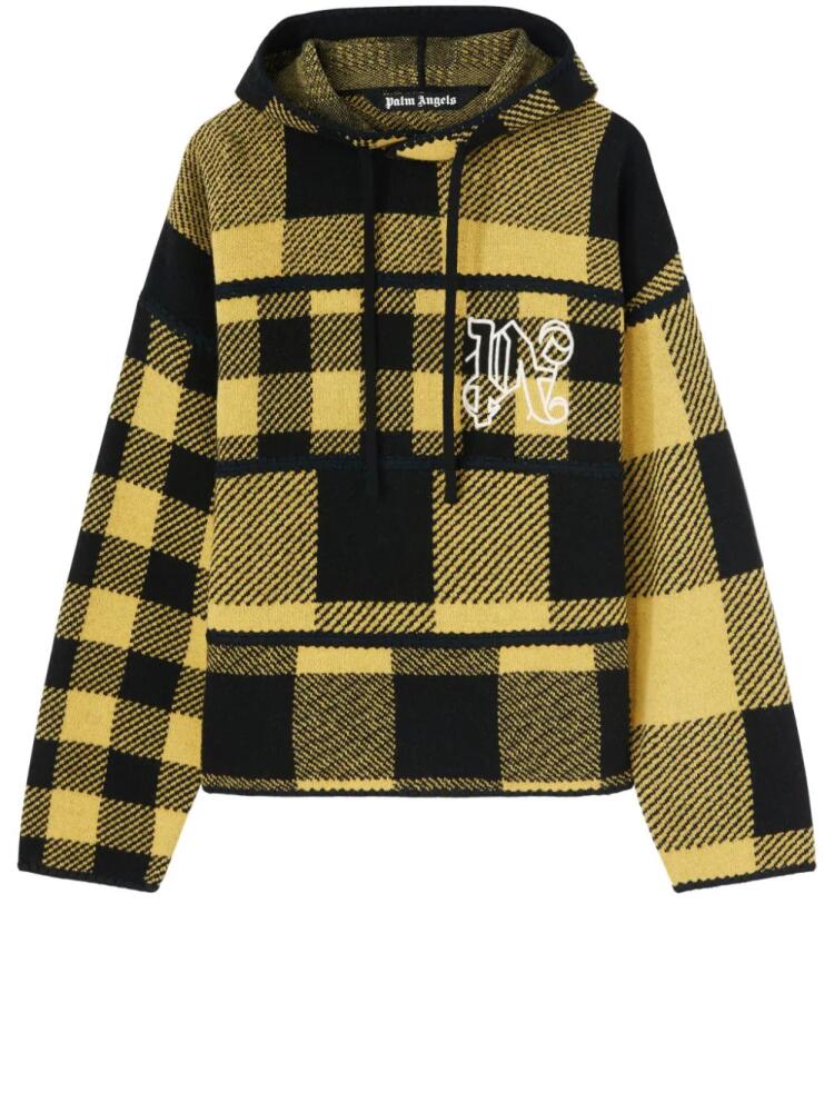 Palm Angels logo-embroidered tartan-check hoodie - Yellow Cover