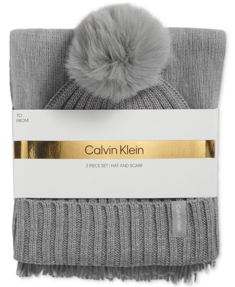 Calvin Klein Women's 2-Pc. Faux-Fur Pom Beanie & Scarf Set - Heathered Mid Gray Cover