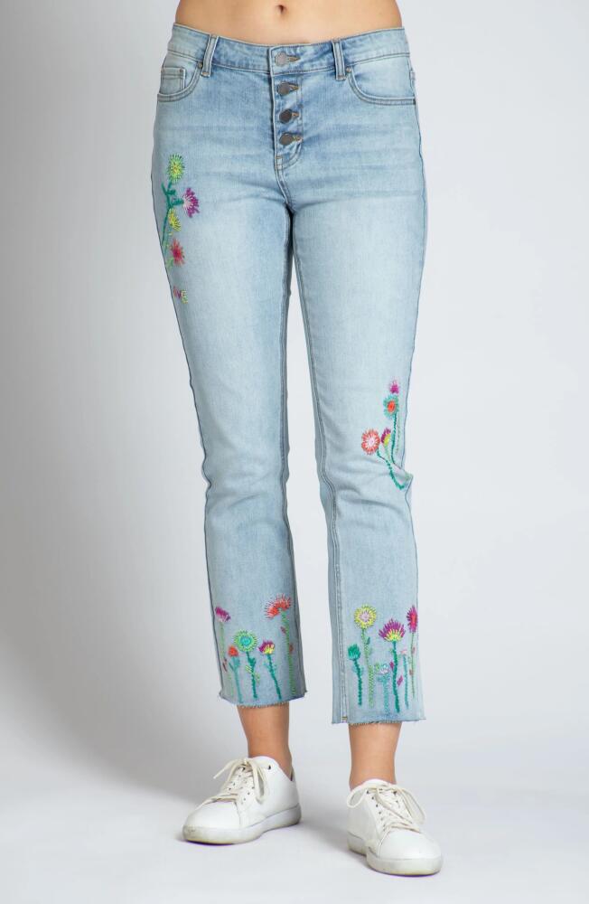 APNY Floral Embroidered Raw Hem Straight Leg Jeans in Medium Indigo Cover