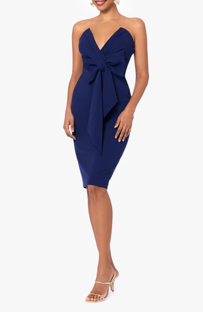 Betsy & Adam Bow Strapless Scuba Cocktail Dress in Night Cover