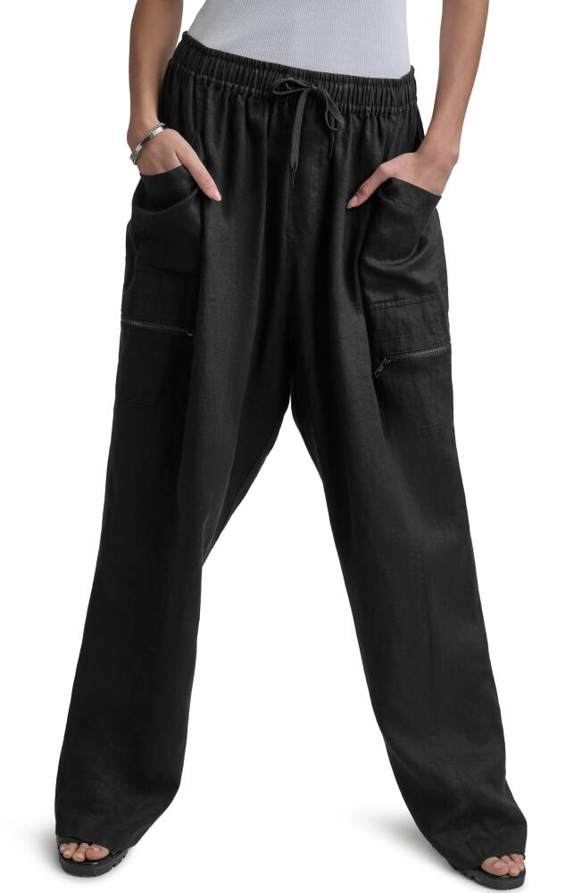 DKNY Linen Drawstring Cargo Pants in Black Cover