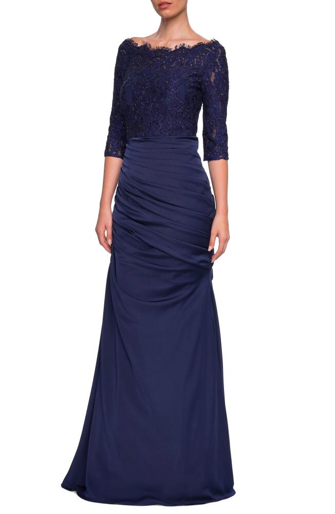 La Femme Sparkle Lace Trumpet Gown in Navy Cover