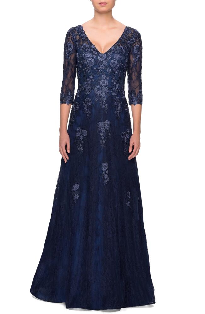 La Femme Embroidered Lace Gown in Navy Cover