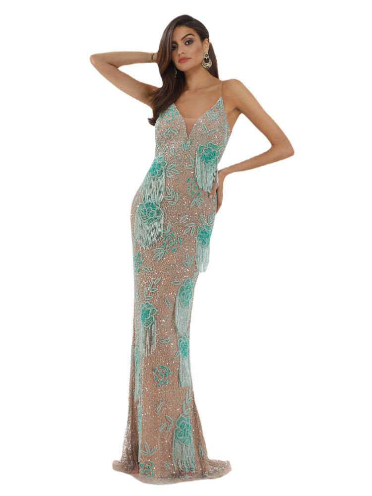 LARA New York Danika Floral Beaded Sheath Beaded Dress with Beaded Fringe in Nude/mint Cover