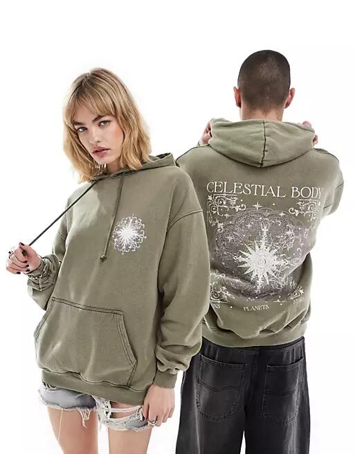 Reclaimed Vintage unisex mandala celestial hoodie in washed khaki-Green Cover