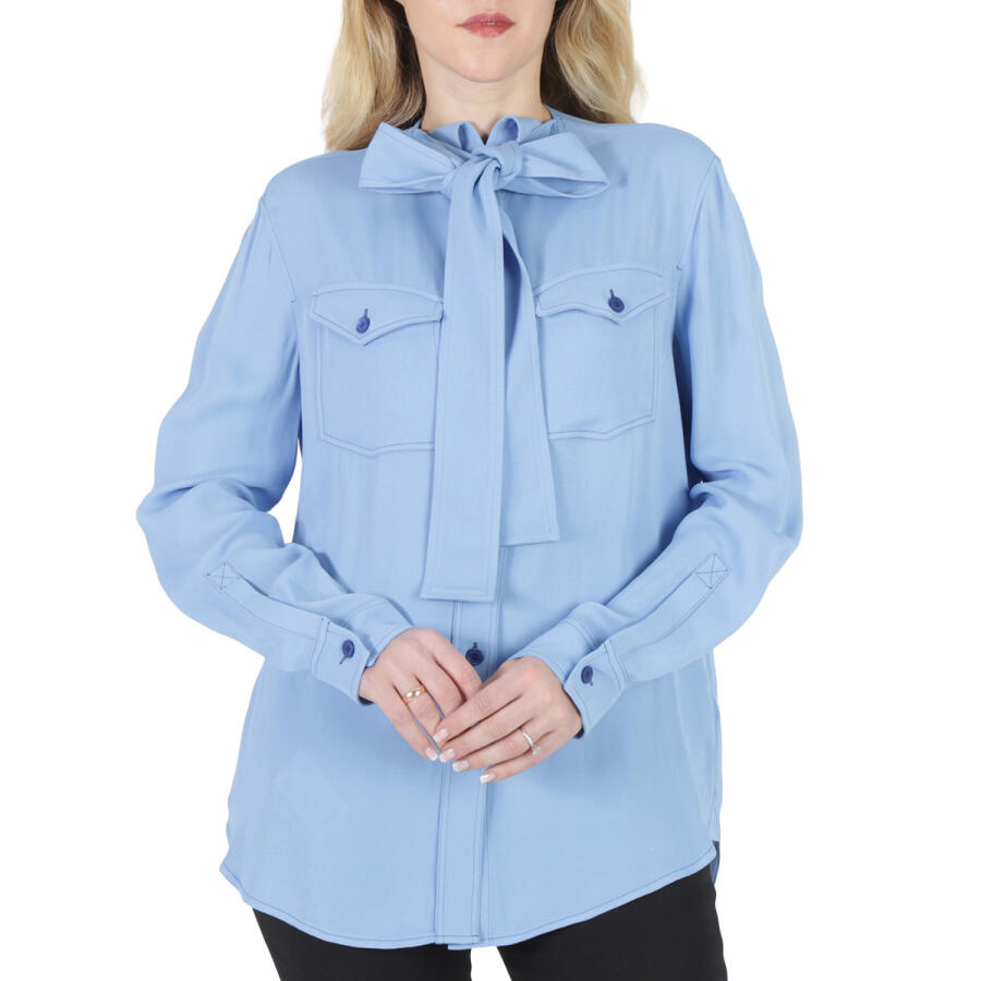 Burberry Ladies Soft Cornflower Blue Ollyrl Pussybow Shirt Cover