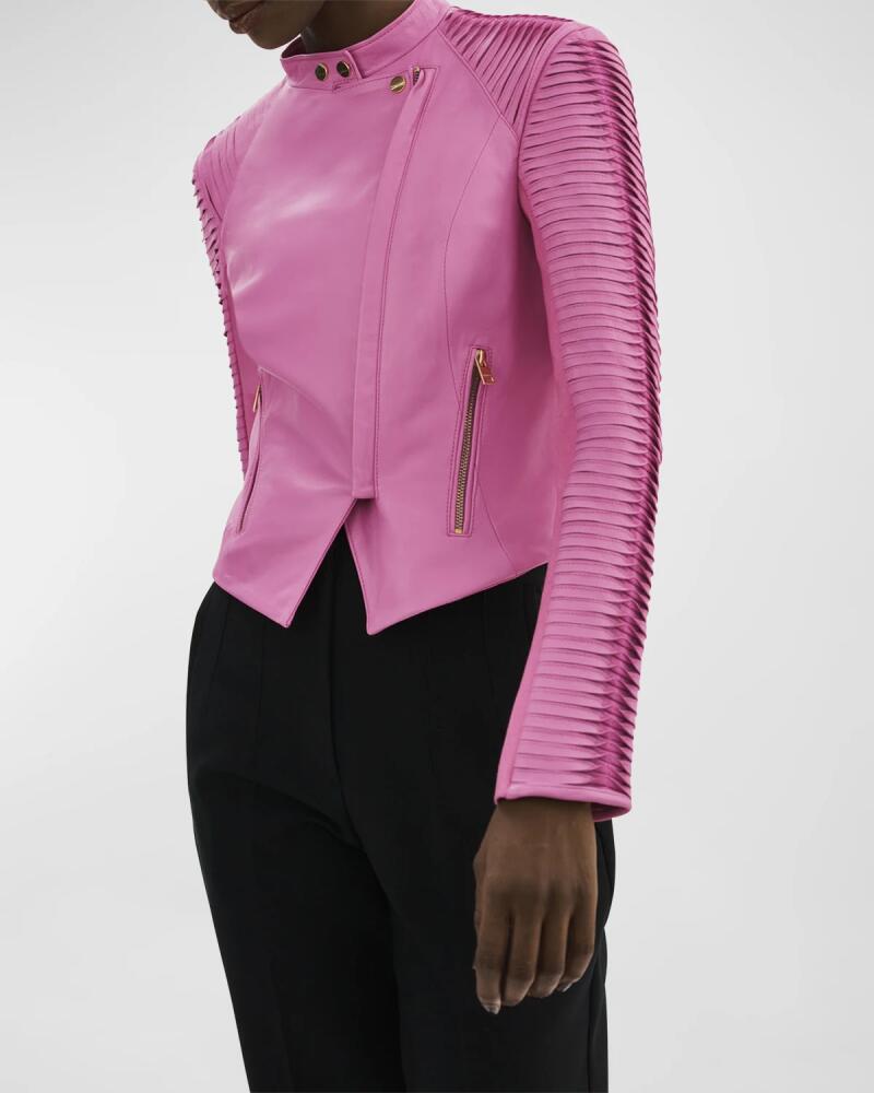 LaMarque Azra Asymmetric Striped-Sleeve Leather Moto Jacket Cover