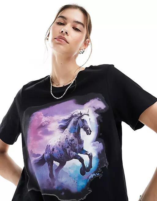 Monki short sleeve t-shirt in black with wild horse front print-Multi Cover