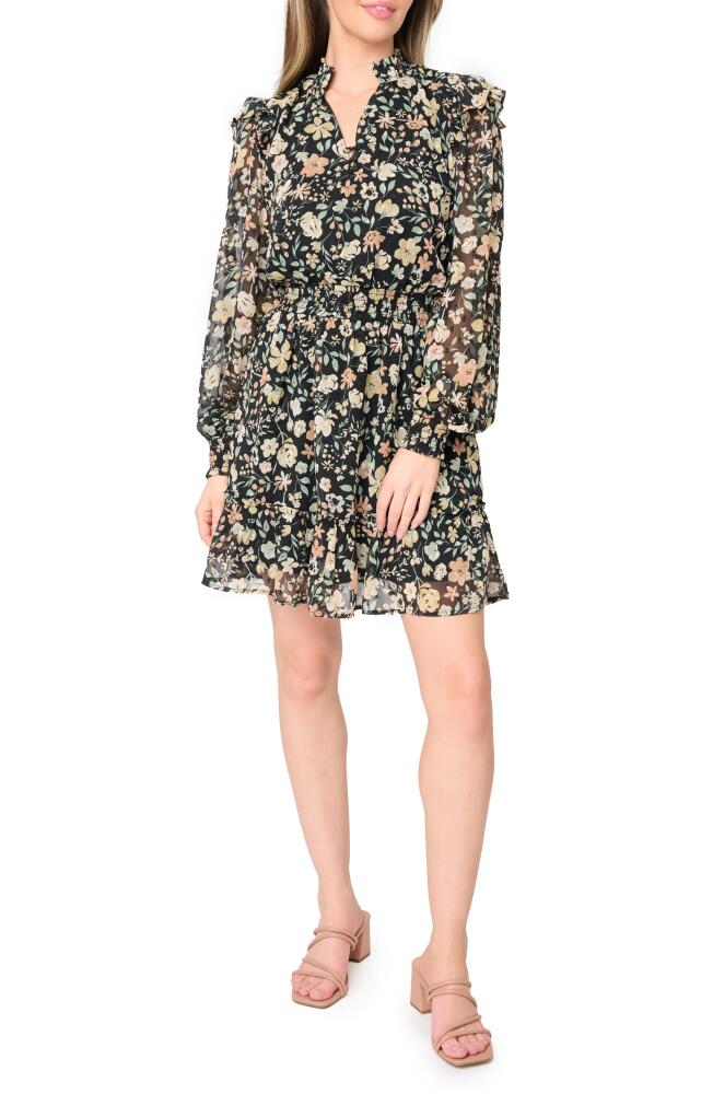 GIBSONLOOK Daphne Long Sleeve Button Front Minidress in Black Multi Floral Cover