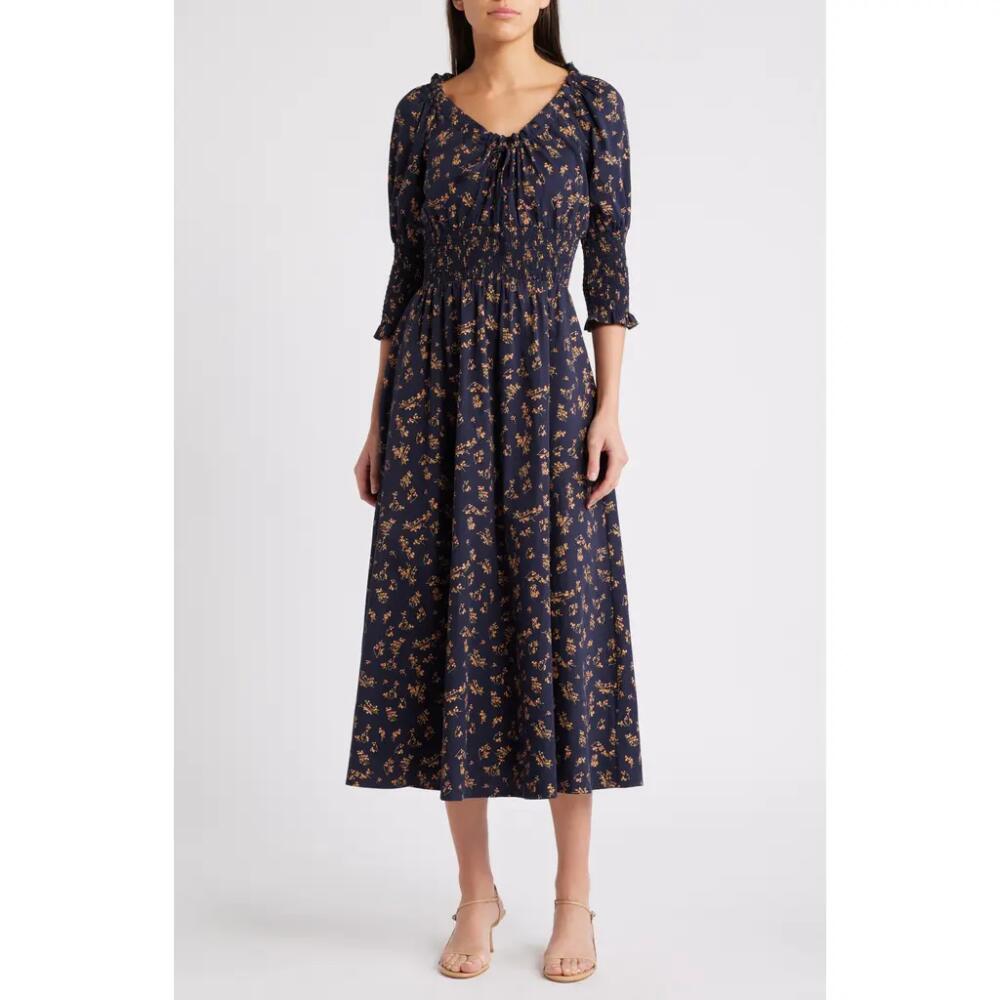 MELLODAY Floral Smocked Midi Dress in Black Yellow Print Cover